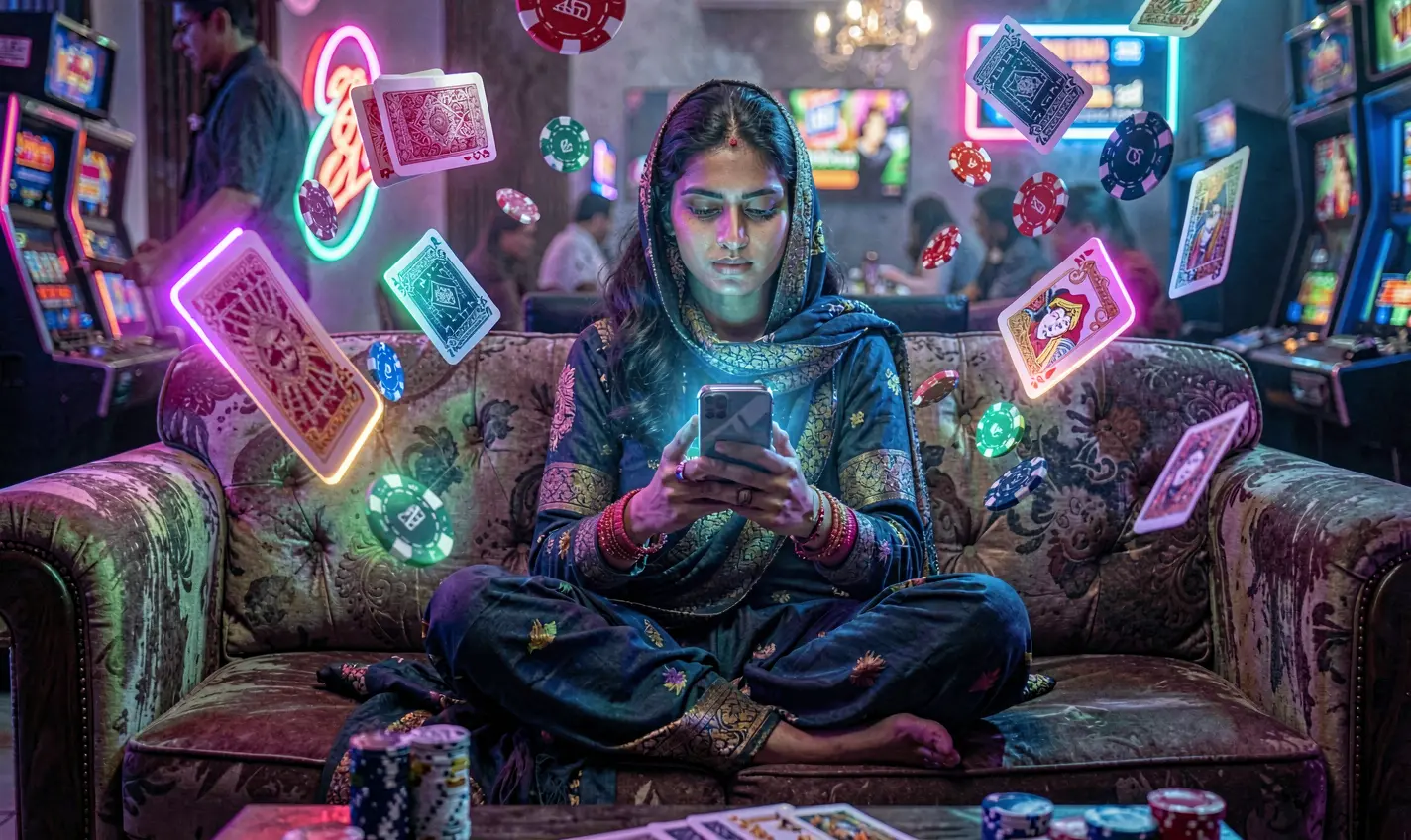 F111 App – Enjoy fast and immersive casino entertainment on your mobile Focused Bangladeshi woman exploring the F111 casino app on her phone as neon cards and chips create a cinematic mobile gaming scene