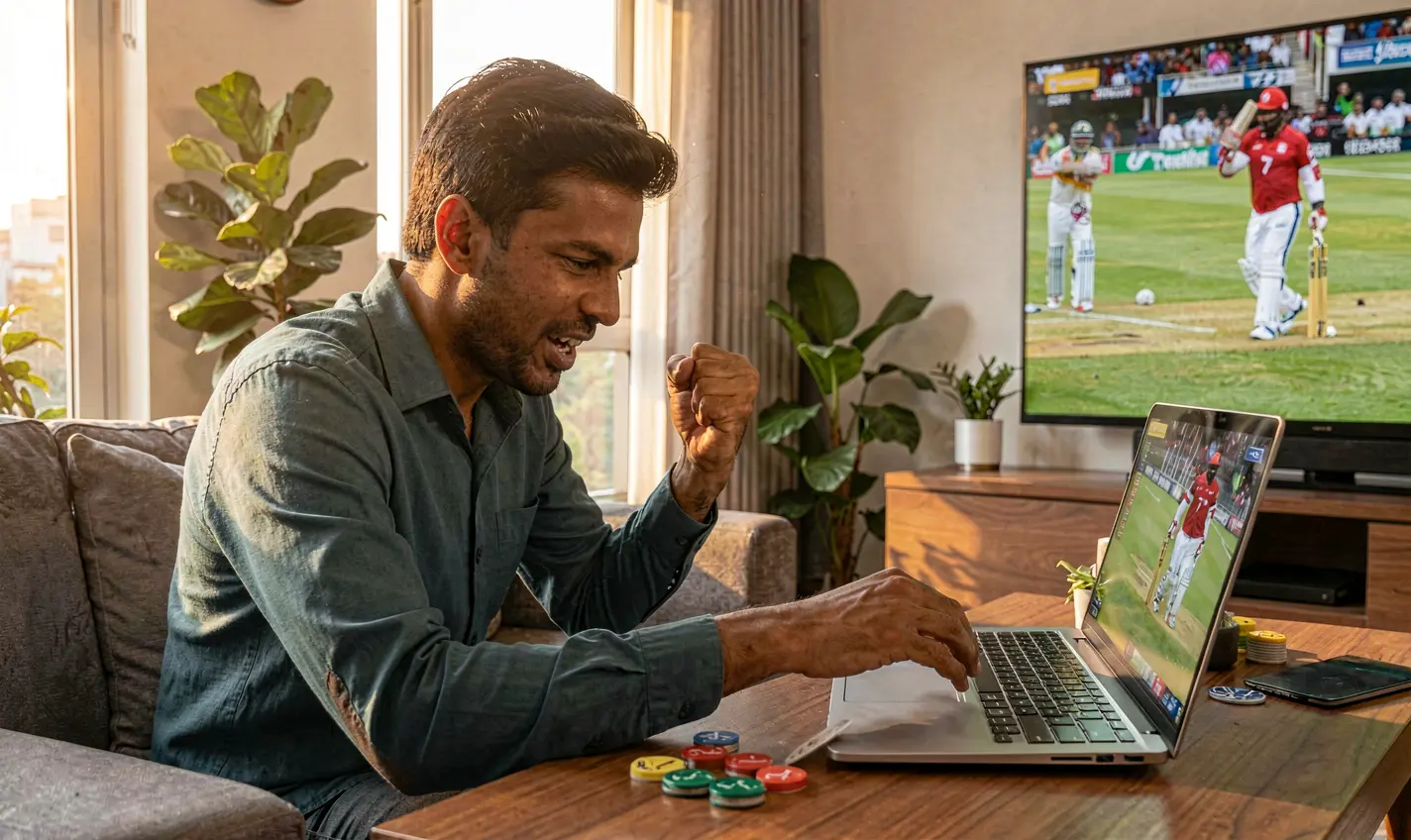 Happy Bangladeshi sports fan celebrating a winning moment while betting online with F111 during an exciting live cricket match