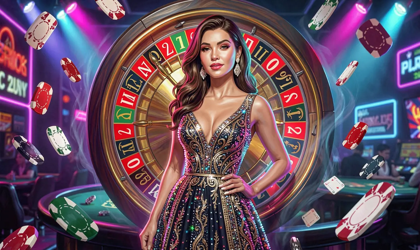 F111 Casino – Unlock rewarding bonuses and elevate your gaming experience in Bangladesh Elegant casino woman surrounded by glowing roulette numbers and flying chips representing premium bonuses and rewards offered by F111 Casino in Bangladesh
