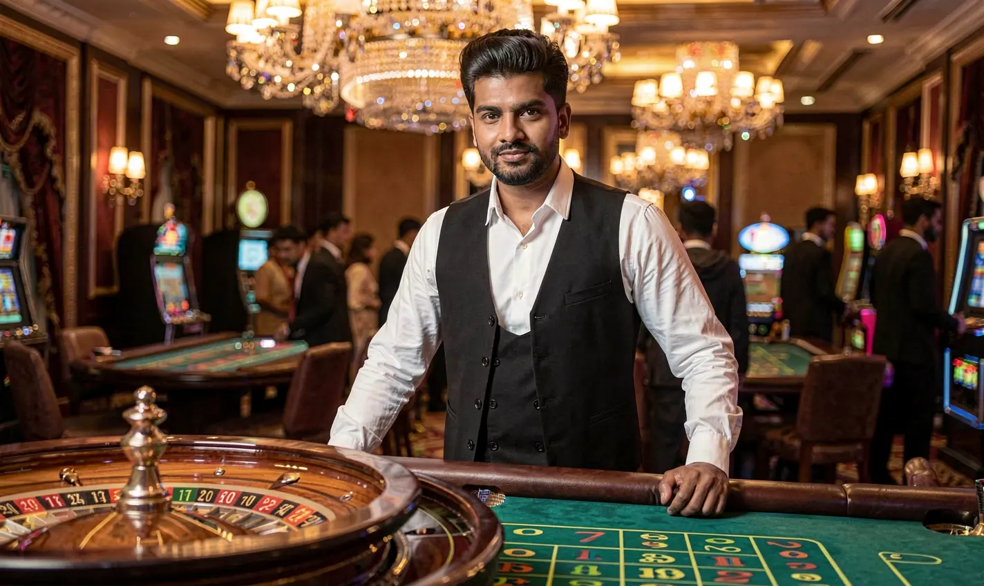 F111 – Experience the excitement of live casino games in Bangladesh Confident casino dealer standing at a glowing roulette table with luxury lights showcasing the premium live casino experience at F111 for players in Bangladesh