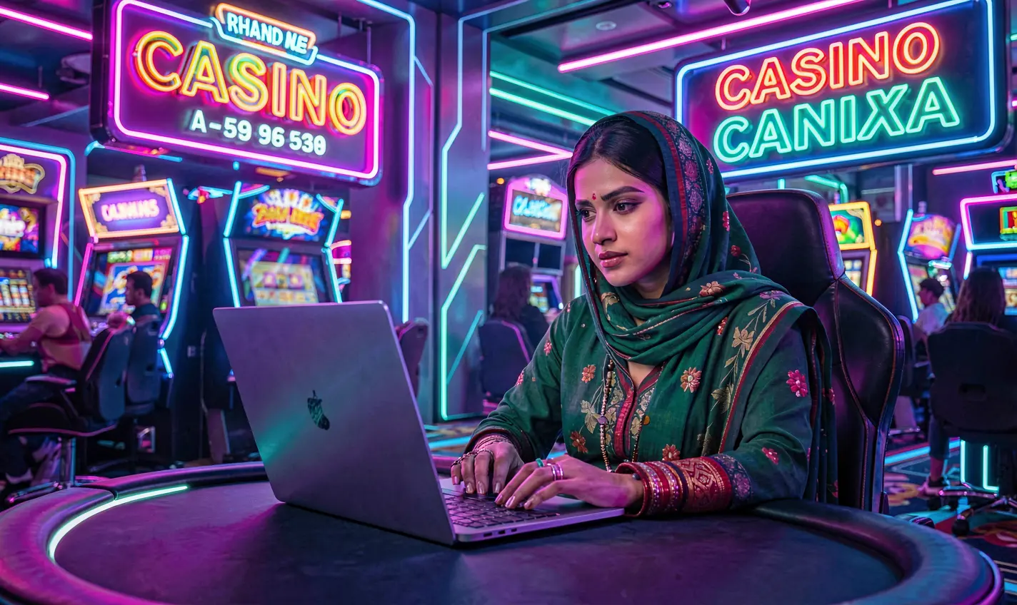 F111 – Enjoy immersive online casino gameplay anytime in Bangladesh Stylish Bangladeshi woman playing online casino games on a laptop surrounded by colorful neon casino signs representing immersive gameplay on F111