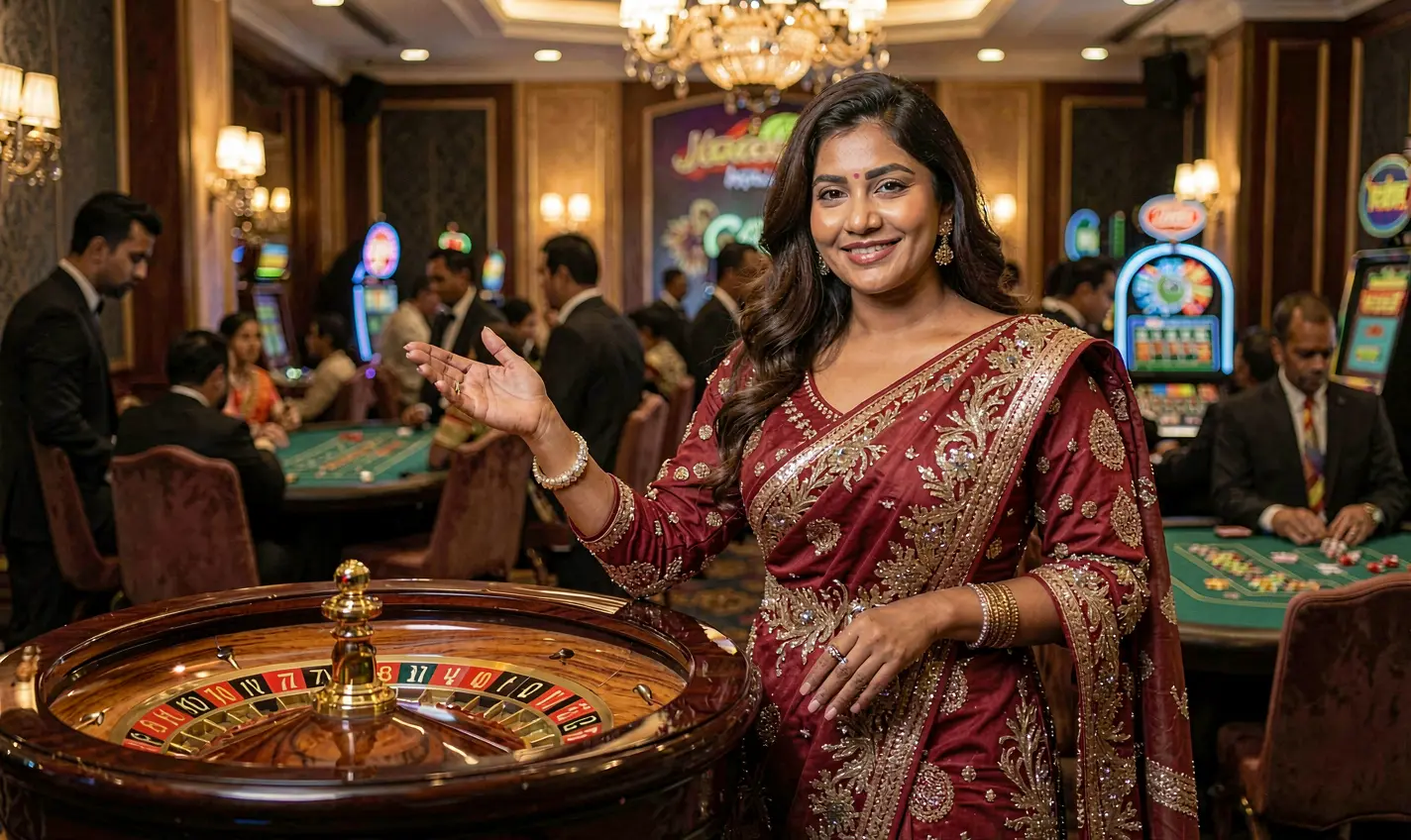 F111 – Discover the excitement of live casino games in Bangladesh Stylish live casino model presenting a roulette table with colorful lights and luxury decor on the F111 platform for players in Bangladesh