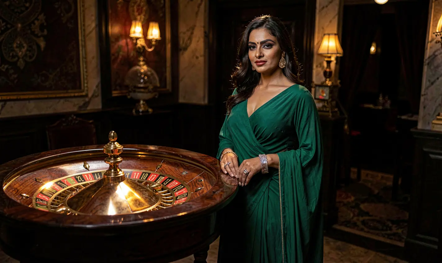 F111 – Step into a world of luxury casino entertainment in Bangladesh Elegant woman in a luxurious emerald dress posing by a vibrant roulette wheel inside the F111 casino atmosphere for players in Bangladesh