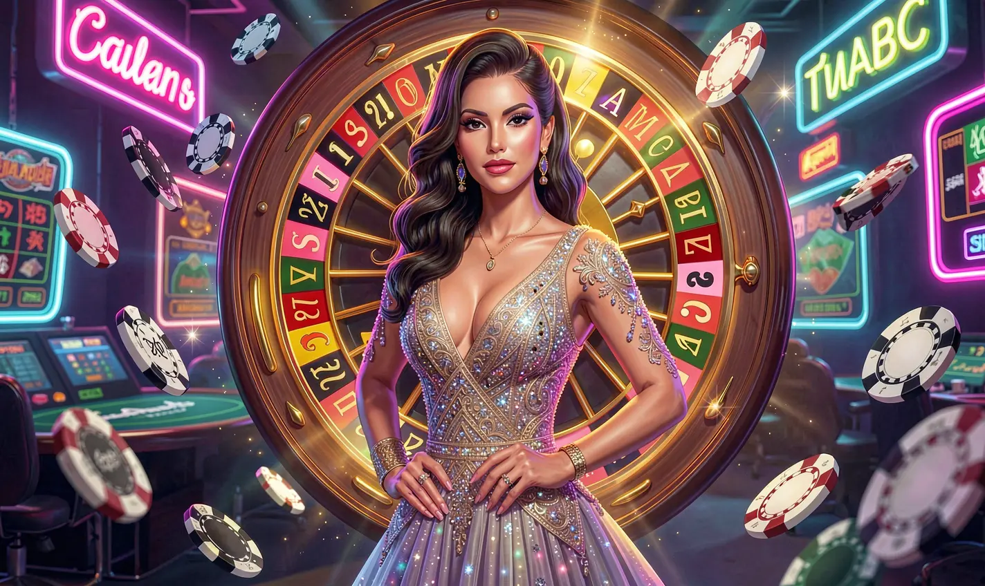 F111 Casino – Step into a world of luxury casino gaming in Bangladesh Elegant casino woman in a sparkling dress standing before a glowing roulette wheel with flying chips highlighting the premium gaming atmosphere of F111 Casino in Bangladesh