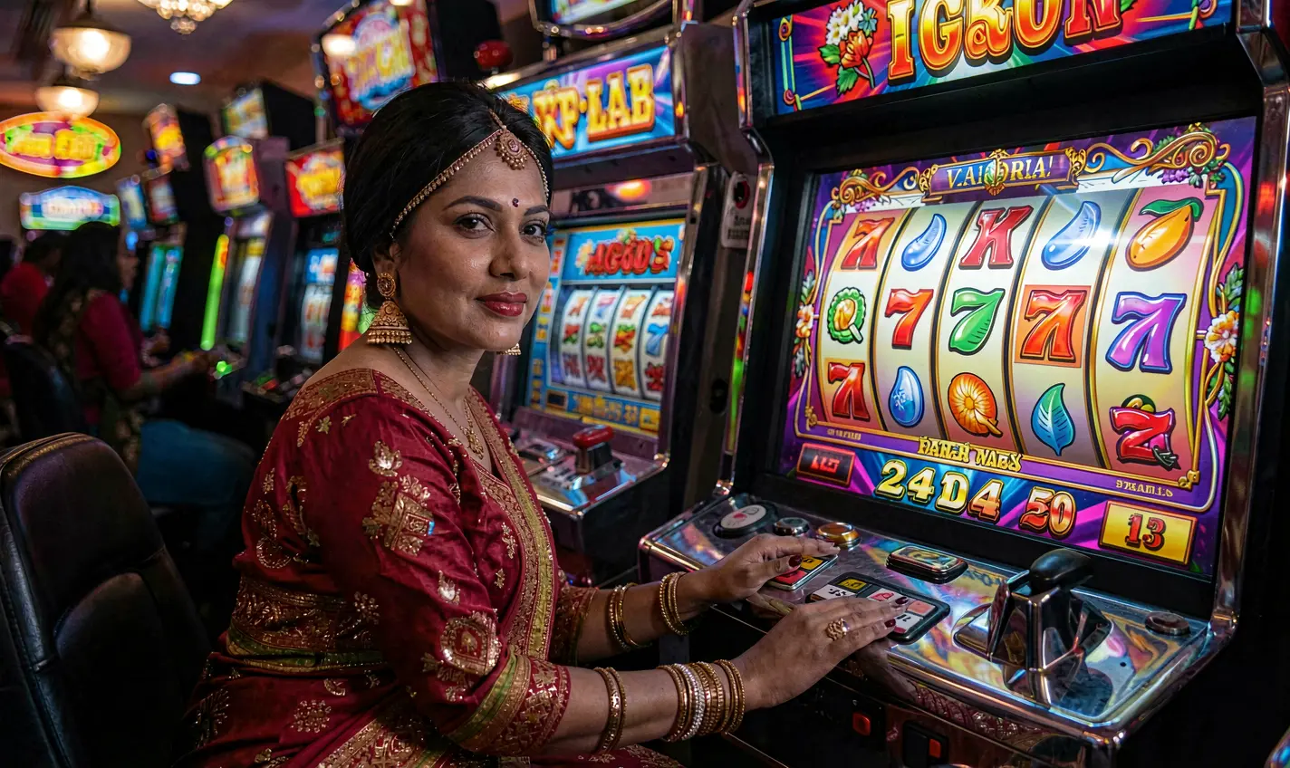 F111 – Experience immersive slot gaming designed for players in Bangladesh Stylish woman in a traditional Bangladeshi outfit playing a glowing slot machine in a modern casino setting at F111 with vibrant colors